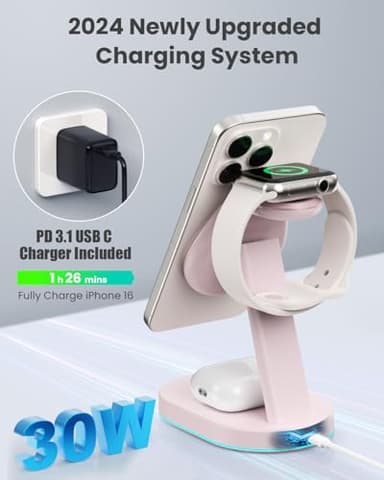 3 in 1 Wireless Charger Charging Station for iPhone,Qi2 Certified 15W Magnetic Charging Stand for Mag-Safe with 30W USB C Adapter&Friendly Night Light for iPhone 16/15/14/13/12,Apple Watch,AirPods - Image 3