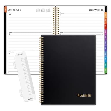 SUNEE Academic Planner 2025-2026 Weekly and Monthly, July 2025-June 2026, 8.5"x11", Tabs, Note Pages, Pockets, Bookmark, Flexible Cover, Spiral Binding, Black - Image 1
