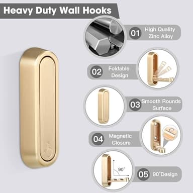Dntorx Folding Coat Hooks, 2 Pcs Foldable Gold Wall Hooks Heavy Duty Foldable Hook Bathroom Towel Hooks Robe Hooks Wall Mounted for Hanging Coat Towels Clothes Hat Bags Keys - Image 2