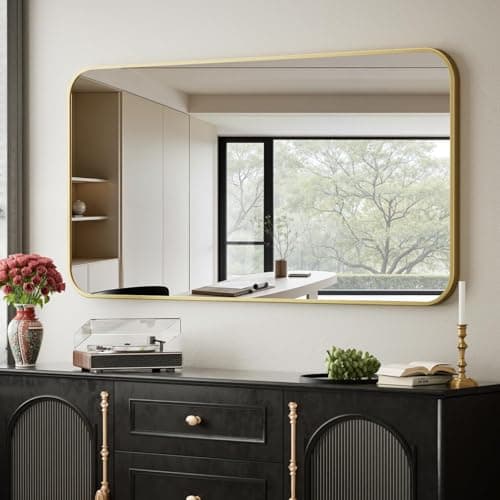 BEAUTYPEAK Gold Rectangular Bathroom Mirror - 30" x 40" Wall Mounted Aluminum Alloy Frame Mirror with Rounded Corners for Bedroom Living Room, Horizontal or Vertical - Image 1
