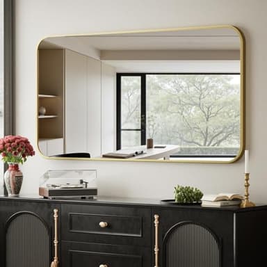 BEAUTYPEAK Gold Rectangular Bathroom Mirror - 30" x 40" Wall Mounted Aluminum Alloy Frame Mirror with Rounded Corners for Bedroom Living Room, Horizontal or Vertical - Image 1