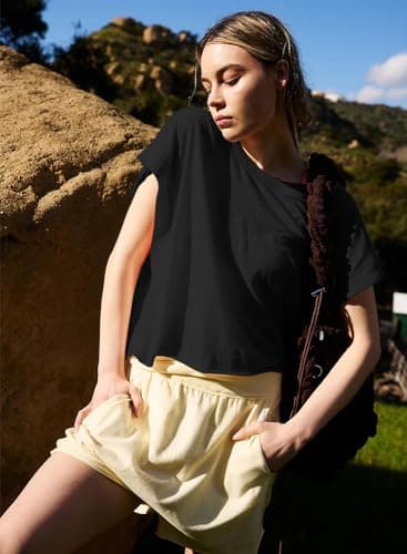 Kumufenc Women Short Sleeve Workout Shirts Open Back Tops Casual Yoga Y2k Athletic Gym Slouchy Crop Running Tees(Black,M) - Image 6