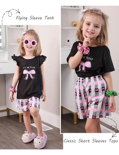 Arshiner Girls Pajamas Set Short Sleeve Pjs Sleepwear 3PCS Summer Lounge Sets Nightwear Bow Plaid 5-6Years - Image 5