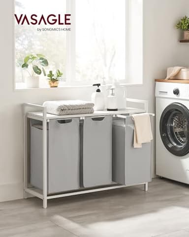 VASAGLE Laundry Hamper, Laundry Basket, Laundry Sorter with 3 Pull-Out and Removable Bags, Shelf, Metal Frame, 3 x 10.6 Gallons (40 L), 36.4 x 13 x 28.4 Inches, Dove Gray and Cloud White UBLH301W03 - Image 2