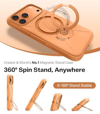 TORRAS Q3 Silicone 360 Spin for iPhone 17 Pro Case with Stand, Fit for MagSafe, Magnetic Ring Kickstand with Camera Control, Liquid Silicone Rubber Soft Phone Case for iPhone 17 Pro 6.3'', Orange - Image 2