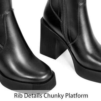 wetkiss Platform Side Zipper Knee High Boots Women Black Block Boots for Women Tall Long Platform Heel Boot Gogo Chunky Stretchy Boot Round Toe Black Size 10 - Image 4