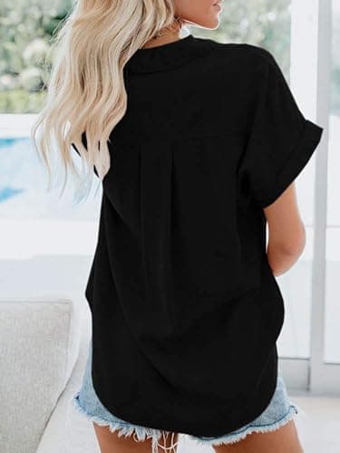 Womens Casual Button Down Short Sleeve Shirts 2025 Summer Fashion Trendy Cotton Collared Linen Shirt Top Blouses with Pocket Black - Image 3