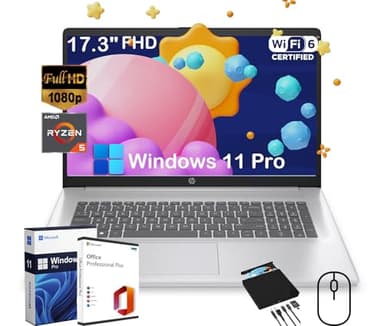 HP 17.3" FHD Laptop for Business and Students - with External CD/DVD Drive & Office Lifetime License, AMD Ryzen 5 7430U (6-core), 250 Nits IPS Display, Webcam, Wifi6, Win 11 Pro (16GB RAM | 512GB SSD) - Image 1