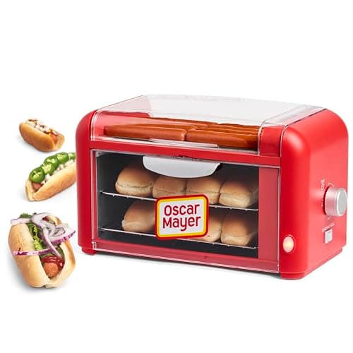 Nostalgia Oscar Mayer Extra Large 8 Hot Dog Roller & Bun Toaster Oven, Stainless Steel Grill Rollers, Non-stick Warming Racks, Perfect for Dogs, Veggie Sausages, Brats, Adjustable Timer, Red - Image 1