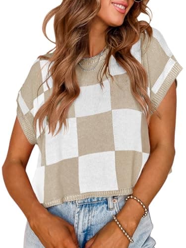 Saodimallsu Womens Cap Sleeve Crop Tops Summer Color Block Going Out Crew Neck Knit Trendy Casual Sweater - Image 1