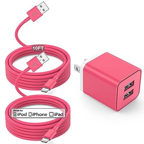 Apple MFi Certified USB Wall Charger - 10 FT Lightning Cable, 2 Ports Charging Plug Block Box for iPhone 12/11/XR/X/Xs/Xr/8/7/6/6s Plus/SE/5c/iPad - Pink - Image 1