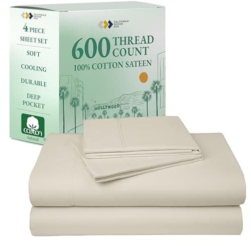 California Design Den Queen Size Sheet Set - Luxury 600 Thread Count Sateen, 100% Cotton Sheets, Deep Pockets, All Around Elastic for a Snug Fit, Hotel Quality Bedding Set - Ivory (Creamy Beige Tone) - Image 1