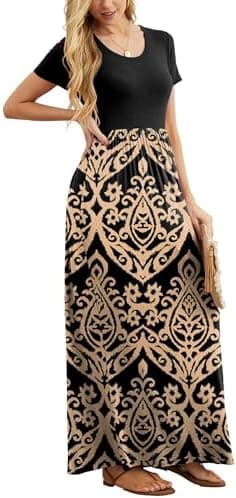 GRECERELLE Women Summer Crew Neck Casual Short Sleeve Solid Floral Print Long Maxi Dress with Pockets - Image 3