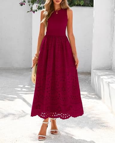 dowerme Women Summer Dresses 2025 Casual Sleeveless Crewneck A-Line Boho Lace Eyelet Cotton Tank Maxi Dress with Pockets(Wine Red,Small) - Image 3