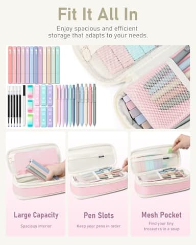 Four Candies 39 PCS Aesthetic School Supplies with Cute Pen Case, 12 Pastel Highlighters, 5 Black Ink Gel Pens, 6 Mechanical Pencils Set 0.5 & 0.7 mm for Students Stationary College Essentials (Pink) - Image 2