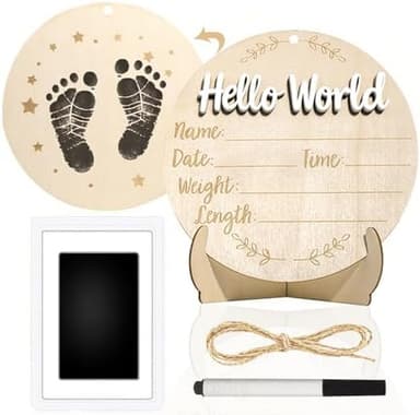 XCMVCN Baby Announcement Sign, 5.9 Inch Round Wooden Hello World Newborn Signs, Birth Announcement Sign: Equipped with Ink Pad Can Baby Handprints and Footprints for Photo Prop Hospital Nursery Gift - Image 3