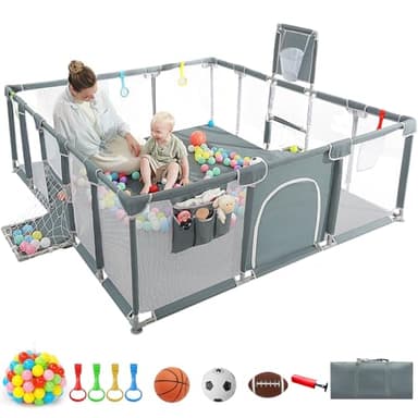XNWQL Baby Playpen, 79"x71" Indoor ＆ Outdoor Playpen with Breathable Play Pen with Ocean Balls Hanging Pocket Basketball Hoop and Football Goal - Image 1