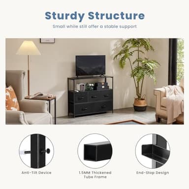 DUMOS TV Stand Dresser for Bedroom with 5 Fabric Drawer,Entertainment Center for 45 inch Television, Media Console Table with Storage, Open Shelf, Adjustable Feet, Living Room Furniture, Black - Image 7