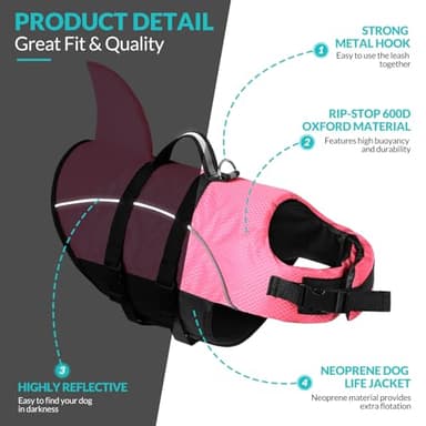Queenmore Small Dog Life Jacket,Shark Dog Life Vest for Swimming,Puppy Light Life Preserver for Boating Kayaking Canoeing,Pet Reflective Lifesaver with High Buoyancy,Rescue Handle,Leash Hook (Pink,S) - Image 2