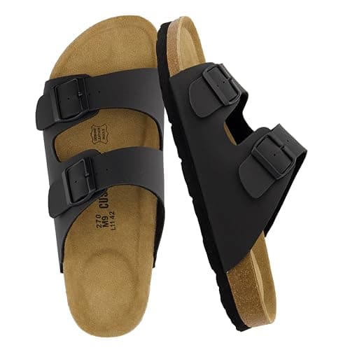 CUSHIONAIRE Lane Cork Footbed Mens Sandals, Adjustable Buckle Comfort Slides for Men, Genuine Leather Insole Summer Sandals Men Footwear, BLACK 12 - Image 1