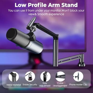 CreaDream Mic Boom Arm, Low Profile Microphone Arm Stand Desk Mount with Screw Adapter, Phone Holder, Detachable Rise Column, Cable Management, for Live Streaming, Gaming, Podcasting, Radio - Image 2