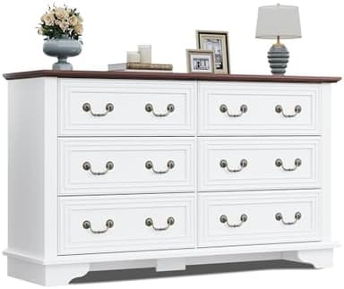 WLIVE Farmhouse Dresser for Bedroom, 51.97'' Wide Wood White Dresser with 6 Drawer, Chest of Drawers with Roman Metal Handle, TV Stand for 60 inch TV, for Living Room, Hallway - Image 2
