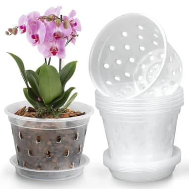 YOPIKUU Orchid Pot, 8 Pack 6 Inch Orchid Pots with Holes and Saucers, Clear Plastic Flower Plant Pot for Indoor Outdoor Plants, Slotted Orchids Planter(6Inch) - Image 1