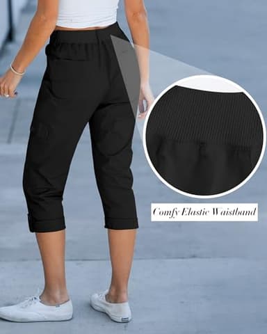 GRAPENT Pants for Women Womens Cargo Pants with Pockets Women Summer Clothes Short Pants for Women Lounge Pants Elastic Waist Women's Capris and Cropped Pants Color Black Large Size 12 Size 14 - Image 2