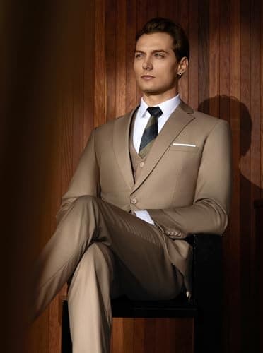 WULFUL Men’s Slim Fit Suit One Button 3-Piece Blazer Dress Business Wedding Party Jacket Vest & Pant Light Brown - Image 3