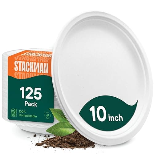Stack Man 100% Compostable Paper Plates 10 Inch Heavy-Duty [125-Pack] Eco-Friendly White Bagasse Disposable Dinner Plates From Natural Sugarcane - 10" Biodegradable Plate (BPI-Certified) (PFAS-Free) - Image 1
