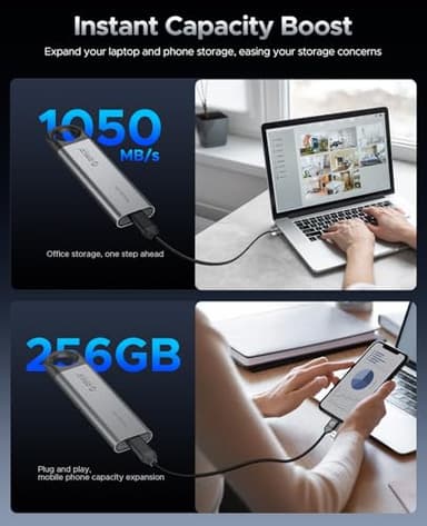 ORICO 256GB External SSD Up to 1050MB/s, Hanging Hole Design Portable Solid State Drive, USB C&A 2 in 1 Cable, Reliable Storage for Type-C Smartphone, Tablets, Laptops - C10 - Image 4