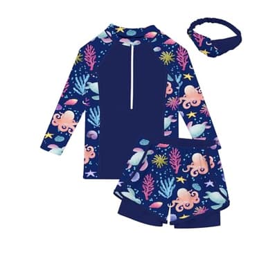 Idgreatim Girls Rash Gurad Swimsuit Size 7-8 3 Piece Long Sleeve Bathing Suit with Headband Sets 7-8 Years - Image 1