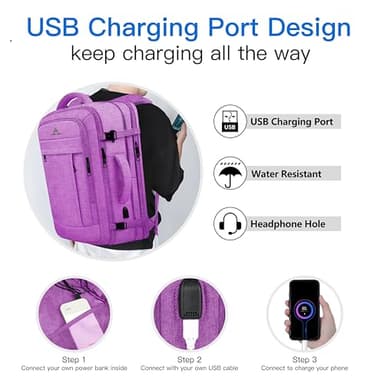 50L Carry On Backpack, Extra Large Laptop Backpack, Travel Backpack for Women, Expandable Water Resistant Big Bag Anti-Theft Business Daypack Fit 17 Inch Laptop with USB Port,Purple - Image 6