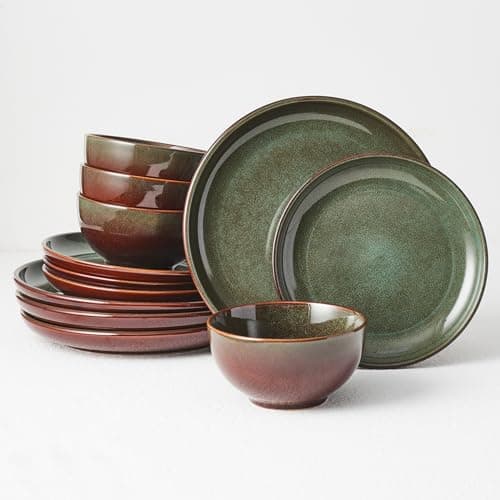 Pokini Stoneware Dinnerware Sets Service for 4, 12 pcs Reactive Glaze Plates and Bowls Sets, Handmade Ceramic Dish Set, Highly Chip and Crack Resistant Modern Plate Set, Brown Green - Image 1