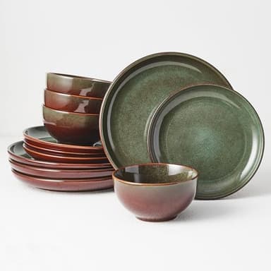 Pokini Stoneware Dinnerware Sets Service for 4, 12 pcs Reactive Glaze Plates and Bowls Sets, Handmade Ceramic Dish Set, Highly Chip and Crack Resistant Modern Plate Set, Brown Green - Image 1