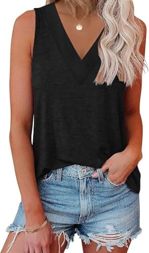 EyMuse Women's Casual Tank Tops Summer V Neck Sleeveless Tunic Flowy Loose Blouse,Black,M - Image 1
