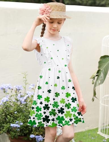 Toddler St Patricks Day Dress 6T 7T Saint Patricks Irish Dress Size 6 7 Green Ruffle Summer Dress Cute Sleeveless Sundress Family Matching Outfits for Casual School Party - Image 3