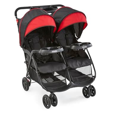 Kolcraft Cloud Plus Lightweight Double Stroller Side-by-Side for Infant Toddler, Compact Folding Travel System with Reclining Seats, Canopies, Storage Basket, Trays, Easy Maneuver – Red Black - Image 1