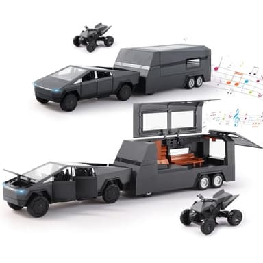 1/32 Alloy Car Trucks Toy Pickup Trailer RV Model Kit with Beach Motorcycle, Diecast Alloy Metal RV Car Model Toys with Sound Light and Pull Back Power,Christmas Birthday Gift for Boy Girl-Black - Image 1