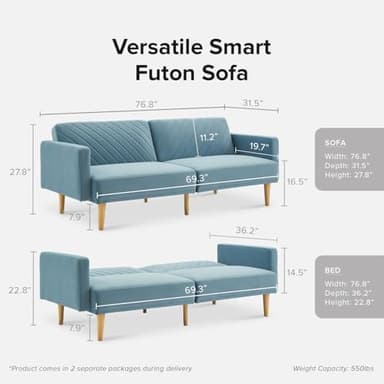mopio 76.8" Futon Sofa Bed, Small Couch, Sleeper, Loveseat, Mid Century Modern Futon Couch, Sofa Cama, Couches for Living Room (Sky Blue Premium Velvet) - Image 2