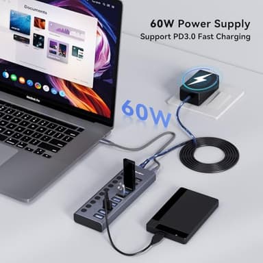 ACASIS 10 Ports 60W USB C 3.2 Hub, 10Gpbs Data Transfer, 20V/3A Power Adapter, Individual On/Off Switches, Aluminum Housing, USB Splitter for PC, Computer, Laptop, Mobile HDD, Flash Drive - Image 4