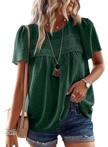 Falechay Dressy Tops Round Neck Flowy Dressy Tunic Tops Babydoll Cute Shirts for Women Loose Pom Pom Short Sleeve Dark Green Blouses Plus Size Clothes XL - Image 1