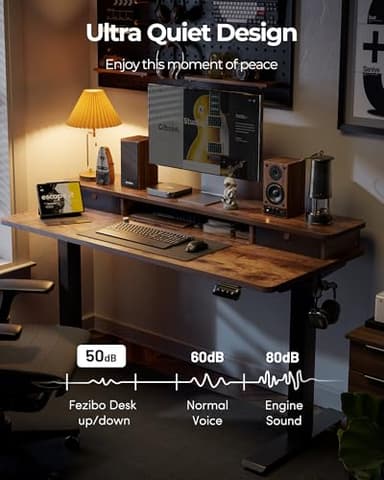 FEZIBO 55'' x 24'' Height Adjustable Electric Standing Desk with Double Drawer, Computer Workstation, Home Office Stand Up Table with 4 Height-Adjustable Feets & 2 Hooks, Vintage Brown - Image 6