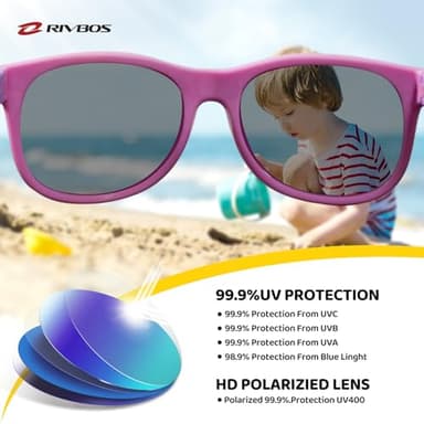RIVBOS Kids Sunglasses for Girls Boys with Strap Polarized UV Protection Flexible Rubber Shades RBK004-2 Pink - Image 3