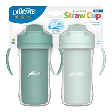 Dr. Brown's Milestones Insulated Sippy Cup with Straw and Handles, Spill-Proof Tumbler with Lid, 2-Pack, Green, 10 oz/300 mL, BPA Free, 12m+ - Image 1