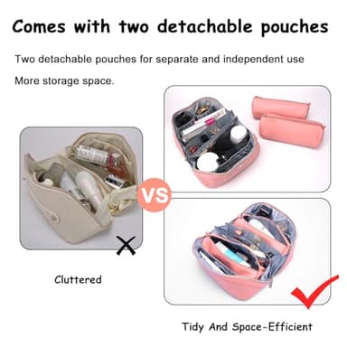 Travel Makeup Bags Cosmetic Organizer Bag: Quilted Make up Bag Set of 3 - PU Leather Toiletry Bags for Women - Portable Makeup Organizer with Compartments & Handle & Divider (14-Pink) - Image 3