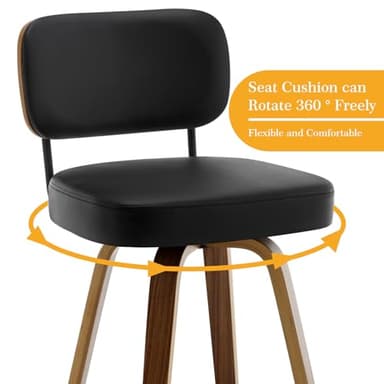 Bekrvio Swivel Bar Stools Set of 4, 29" Upholstered Faux Leather Barstools with Back and Bent Wood Legs, Mid Century Modern Bar Chair Island Stool for Kitchen Counter, Black - Image 3