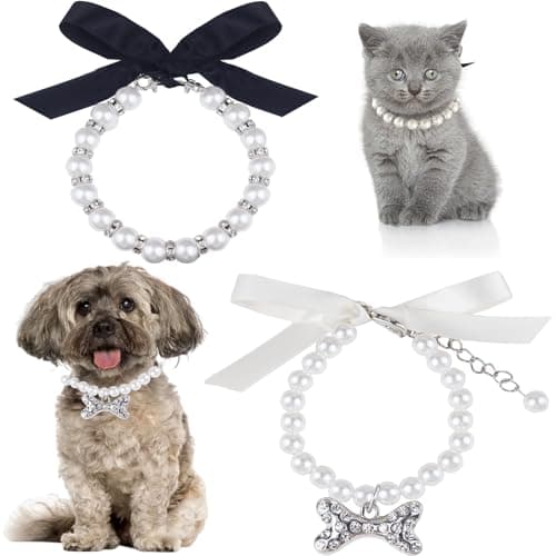 2 Pieces Cute Small Dog Cat Pearl Collars Necklace Set with Crystal Rhinestone for Puppy Kitten Wedding Birthday Party Black Bow Tie L - Image 1