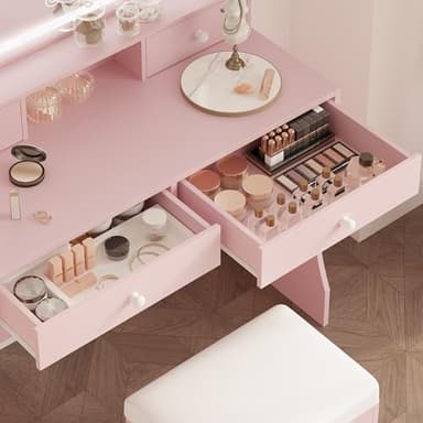 LIKIMIO Makeup Vanity Desk with Mirror and Lights, Pink Makeup Vanity Table Set with Stool Drawers, Power Socket, Dressing Table with 3 Lighting Colors, Vanities for Bedrooms - Image 5