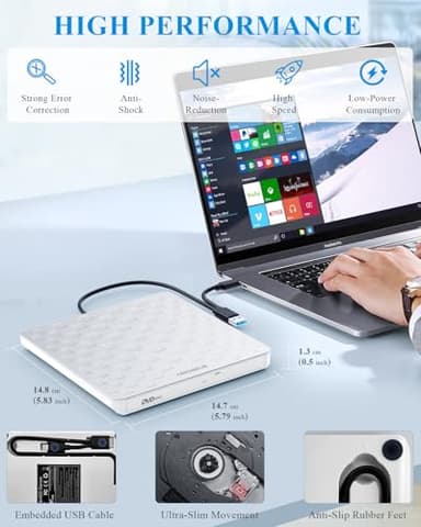 ORIGBELIE External CD/DVD Drive for Laptop, Ultra Slim 13mm USB 3.0 Type-C Portable DVD Player CD Burner Reader Writer Recorder for Desktop PC Windows 11/10/8/7 Linux Mac OS, White - Image 7